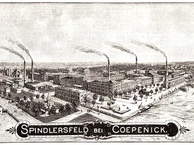 The image shows an old black and white drawing of a city with buildings, trees, and smoke coming...