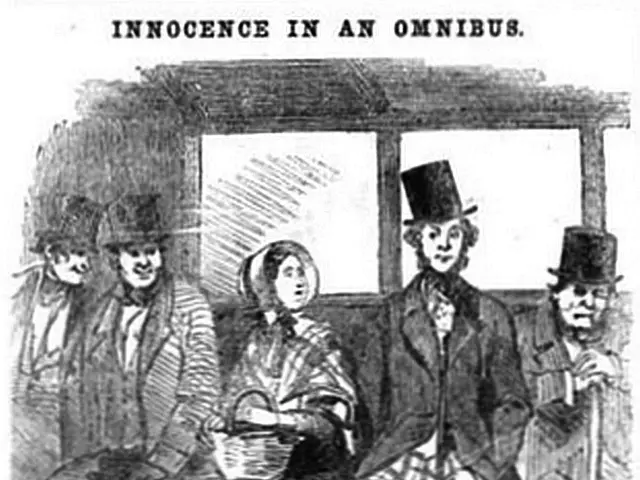 The image shows a group of people sitting on a train, with a woman in the center holding a basket....