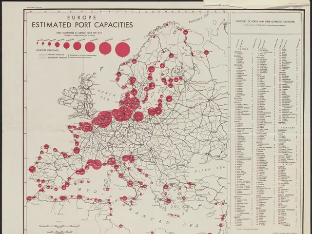 The image shows a map of Europe with red dots indicating estimated port capacities. The map is...
