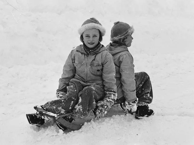 The image shows two children wearing jackets, gloves, and caps, sitting on a sled in the snow. The...