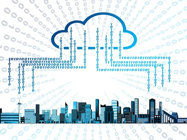 The image shows a cityscape with a cloud computing icon in the middle of it, surrounded by binary...
