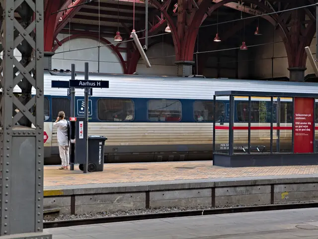 The image shows a train pulling into a train station next to a platform, with a person standing on...