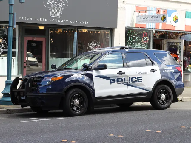 The image shows a police car parked on the side of the road in front of a store. The store has...