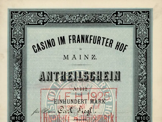 The image shows an old stock certificate with a black border and a red stamp on it. The text on the...