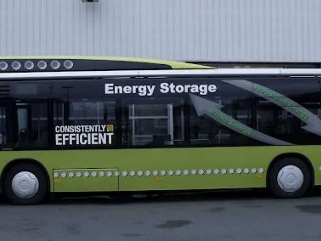 The image shows a green electric bus parked in front of a building, with a wall in the background....