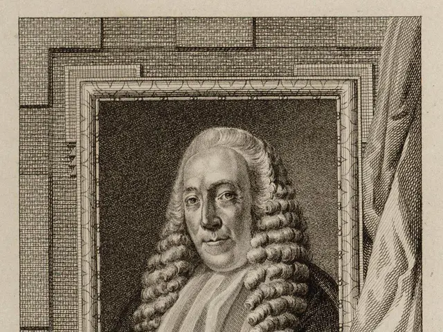 The image shows an engraving of a man in a barrister's robes, with a photo frame in the background...