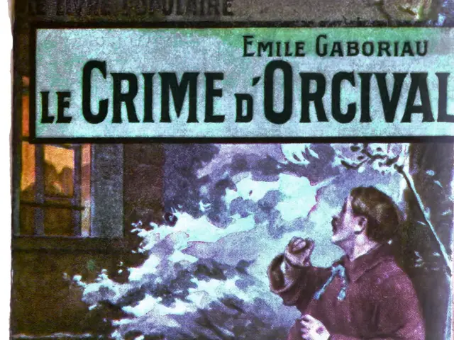 The image shows a poster of a person standing in front of a window with the words "Le Crime...