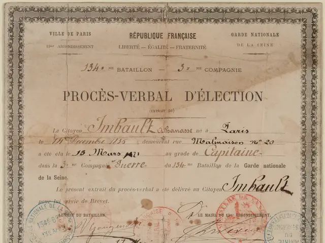 The image shows an old document with two stamps on it. The document appears to be a ballot, with...