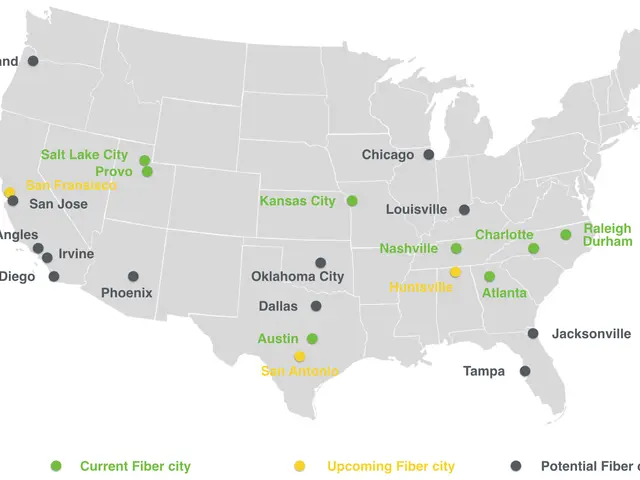 The image shows a map of the United States with green dots indicating the locations of fiber...