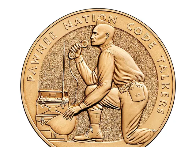The image shows a gold coin with the words "Pawnee Nation Code Talkers" inscribed on it, depicting...