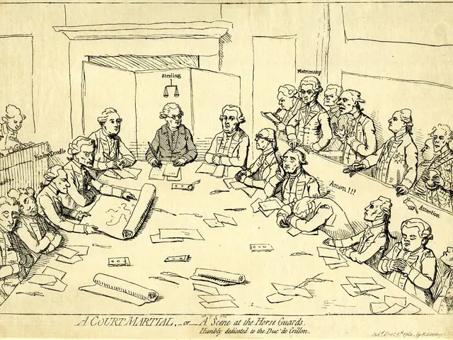 The image shows a courtroom with a group of people sitting around a long table. On the table there...