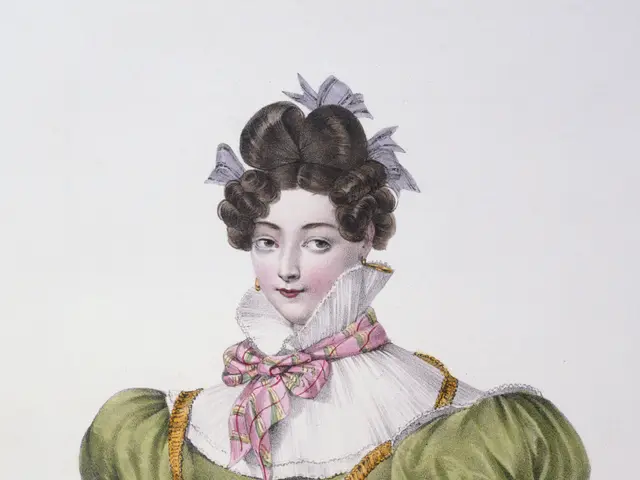 The image shows a woman in a green dress with a hat on her head, holding a plate of jewelry in her...