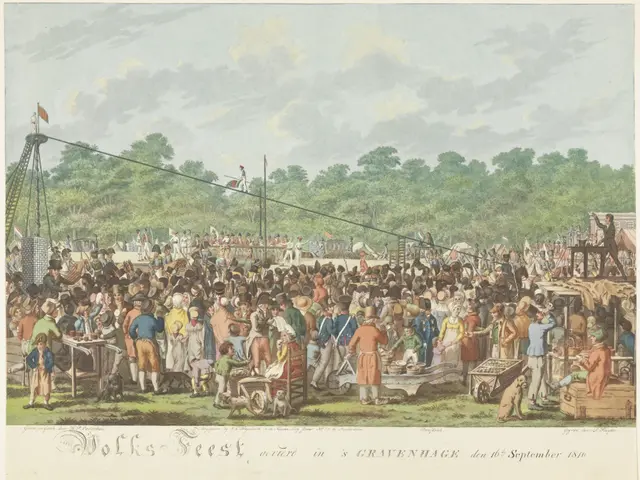 The image shows a large crowd of people gathered around a carnival, with some standing and some...