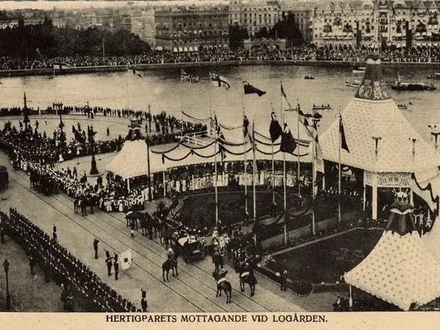The image shows an old black and white photo of a crowd of people gathered around a carnival. There...