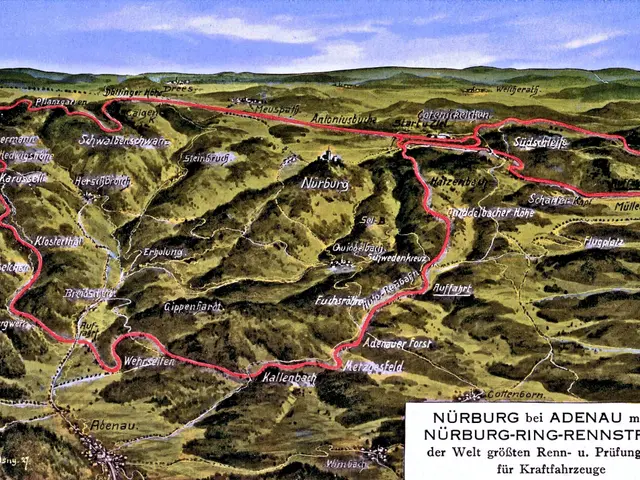 The image shows a poster of a map of the Nurburgring-Rennstrecke, a mountain range in Germany. The...