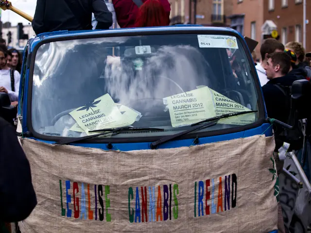 The image shows a group of people standing around a car with a sign that reads "Legalise Cannabis...