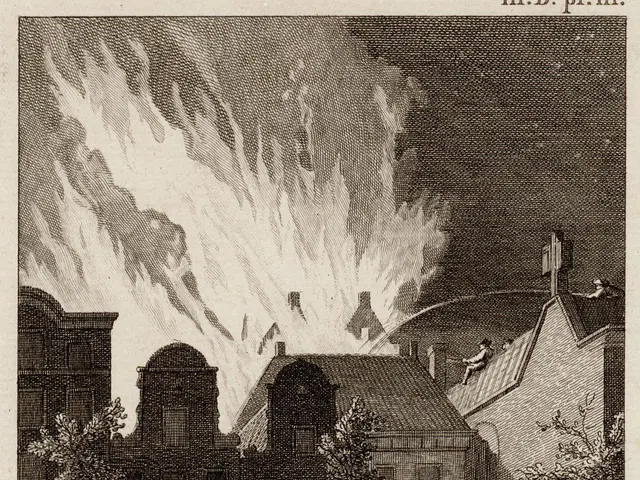 The image shows a group of people standing in front of a building engulfed in flames, with trees...