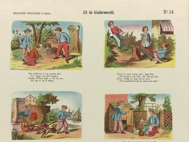 The image shows an open book with illustrations of children playing in the park, surrounded by...