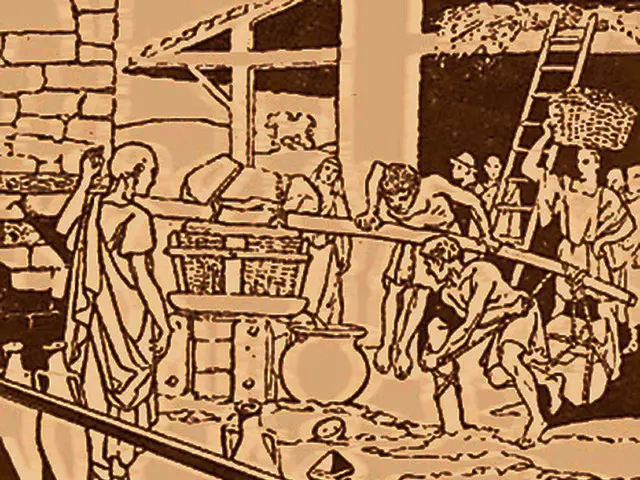 The image shows a drawing of a group of people working in a factory, with a wall, ladder, basket,...