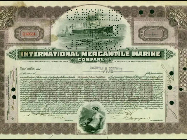 The image shows an international mercantile marine company stock certificate with a picture of a...