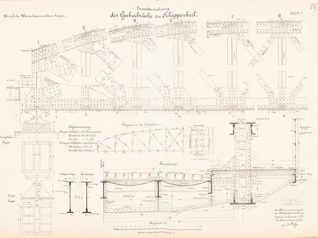 The image shows an old book with a drawing of a bridge on it. The paper contains detailed plans and...