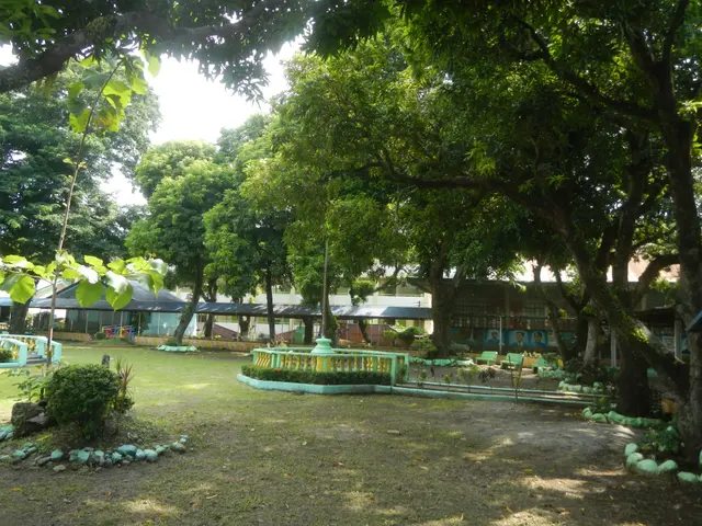 The image shows a park with lush green grass, plants, and trees, as well as a fountain in the...