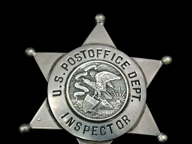 The image shows a silver star-shaped badge with the words "U.S. Post Office Dept. Inspector"...