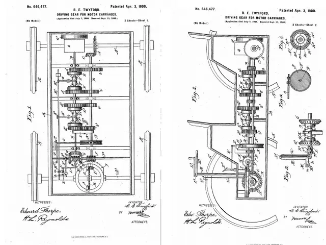 The image shows a drawing of a machine with a lot of gears on it, which is believed to be the first...