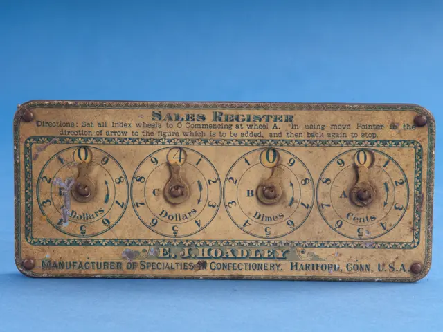 The image shows an old-fashioned sales register on a blue background. The board has text and...