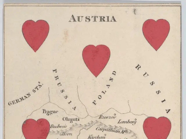 The image shows a poster with a map of Austria in the center, surrounded by red heart-shaped...