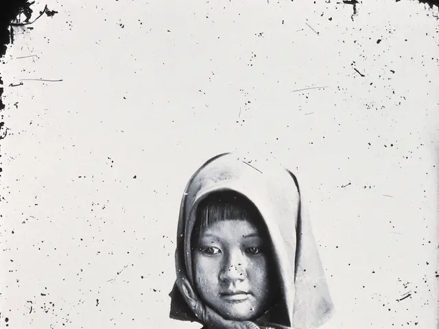 The image shows a black and white photo of a young girl wearing a hoodie. Her face is clearly...