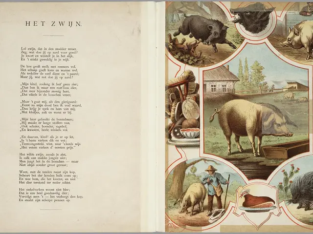 The image shows an open book with illustrations of pigs and other animals on it. On the left side...