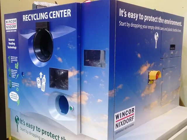 The image shows a blue recycling center with a sign that reads "Recycling Center" in the center. On...