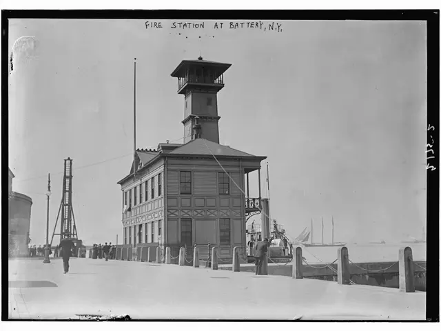 The image shows a black and white photo of a fire station at Battery, New York. It features a...