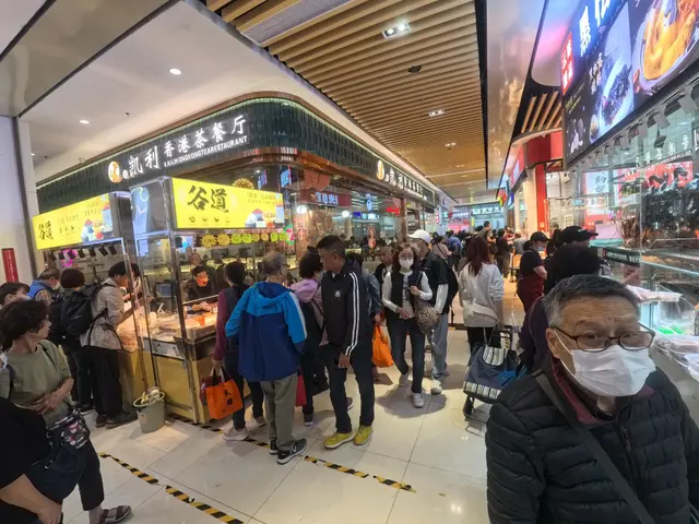 The image shows a group of people standing in line at a food court, some of them holding bags....