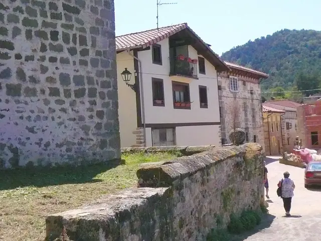 The image shows a woman walking down a street next to a stone wall, with a car parked on the right...