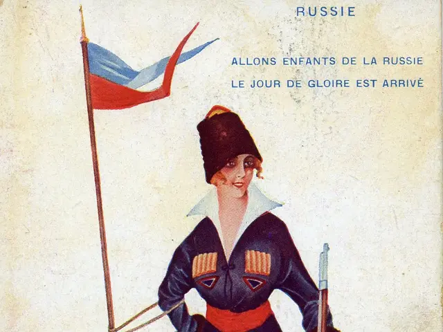 The image shows a woman in a Russian military uniform, holding a rifle and a flag, with the text...