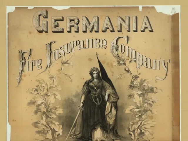 The image shows an old advertisement for the Germania Fire Insurance Company, featuring a picture...