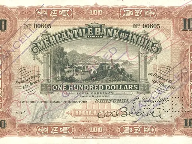 The image shows an old banknote from the Mercantile Bank of India with Chinese writing on it. The...