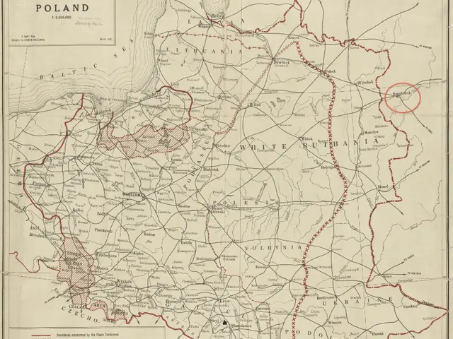 The image shows an old map of Poland with a red circle in the middle, indicating the extent of the...