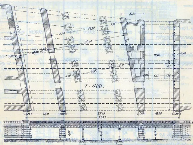 The image shows a blueprint of a building with a lot of details, including numbers and text. It...