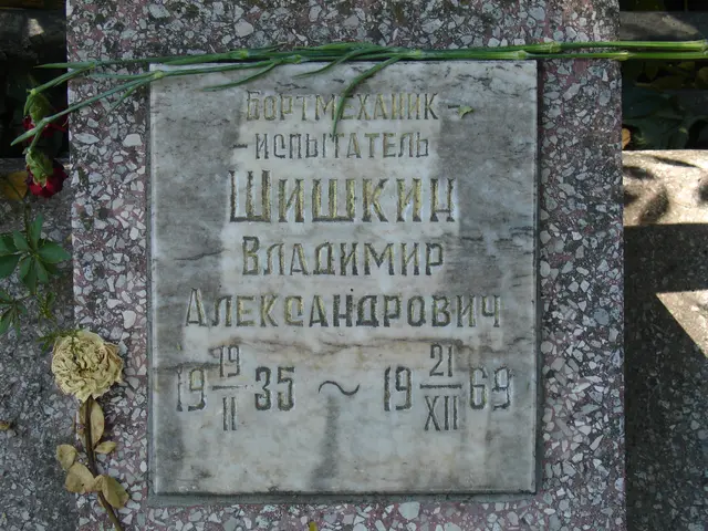 The image shows a gravestone with text inscribed on it, surrounded by leaves and flowers. The text...