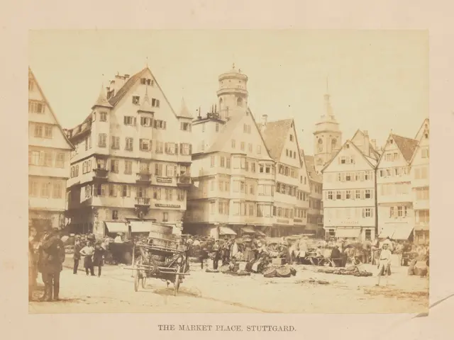 The image shows an old photo of a bustling market place in Stuttgart, Germany. There are many...