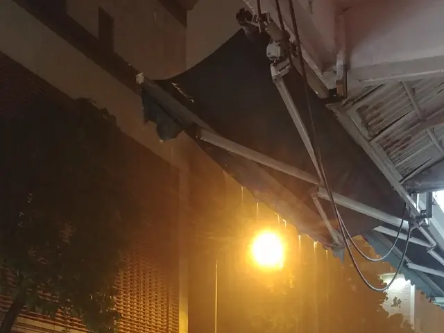 The image shows a city street at night with cars parked on the side of it. There are street lights...