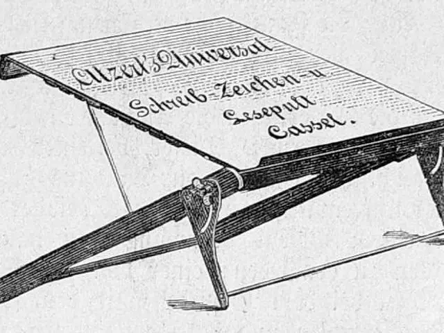 The image shows a black and white drawing of a table with a book on it, which is believed to be the...