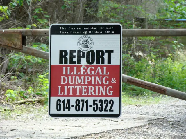 The image shows a sign on the side of a road that reads "Report Illegal Dumping and Littering". In...