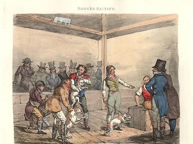 The image shows a group of people standing around a dog in a room, with some of them wearing hats....