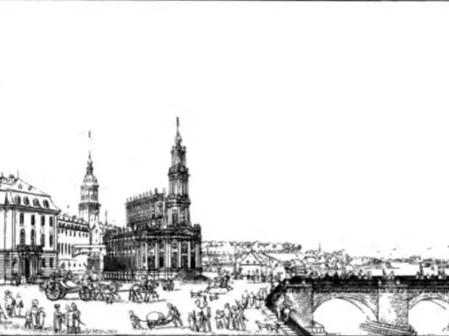 The image shows a black and white drawing of a city street with a bridge, buildings, people, carts,...