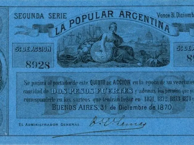 The image shows an Argentinian 2 Pesos banknote from 1873-1875, featuring a portrait of a woman on...
