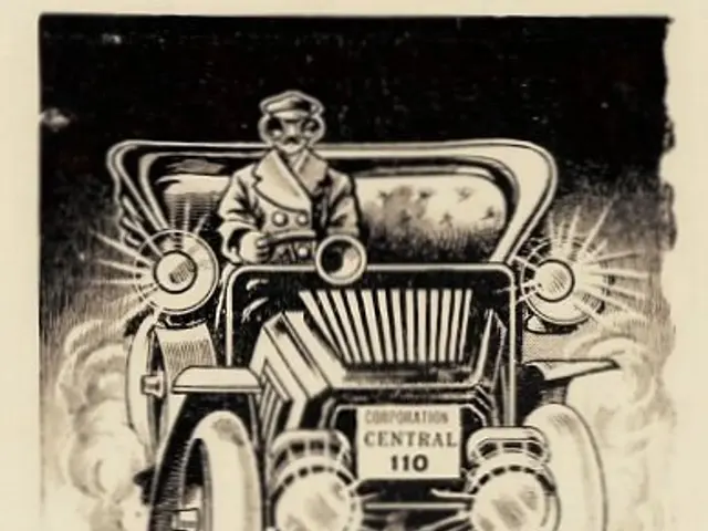 The image shows an old advertisement for a car with a man in it, and the text reads "A rapid way to...